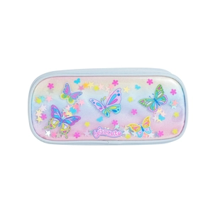 Close-up of glitter finish unicorn pencil case with butterfly and stars detail