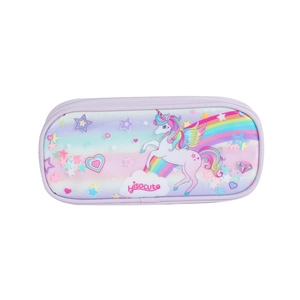 Detail of lavender unicorn pencil case featuring rainbow wings and a secure zipper closure