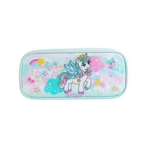 Detail of blue unicorn pencil case featuring quicksand glitter and colorful star sequins