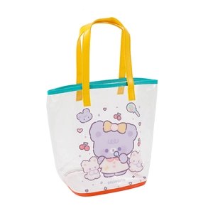 Cute cartoon transparent PVC tote bag with purple bear print and yellow handles