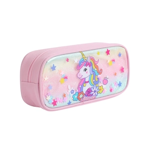 Pink unicorn pencil case with glitter transparent panel and large capacity storage