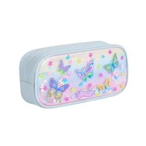 Detail of blue unicorn pencil case with rainbow glitter and transparent PVC sequins