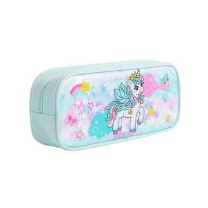 Detail of light blue unicorn pencil case with rainbow sequins and transparent PVC window