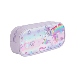Close-up of glittery purple EVA unicorn pencil case featuring rainbow and star patterns