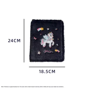 Detail view of unicorn plush photo album showing dimensions 24cm by 18.5cm and soft texture