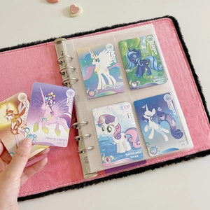 Pink plush cartoon photo album with 4-grid pockets for collecting game cards and photos