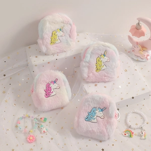 Mini unicorn plush coin purse with rainbow gradient fur and metal keychain clip