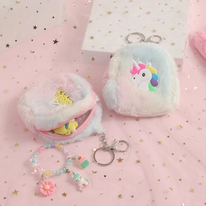 Unicorn plush mini coin purse and colorful beaded bracelet set with keychain