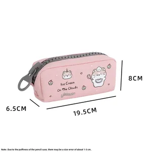 Pink canvas pencil case with large grey zipper featuring cute cat chef illustrations