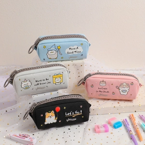 Pencil Case Large Capacity Canvas Big Zipper Cartoon Animal Cat Dog Penguin Stationary Organizer For Students Office