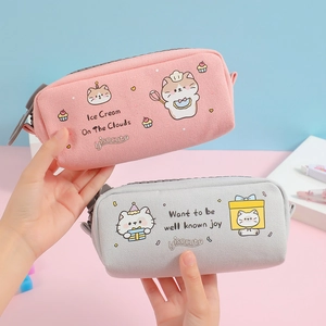 Cute canvas dog and cat pencil case with large zipper and high-capacity storage pouch