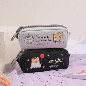 Detail of cute canvas pencil case with large zipper and cartoon animal illustrations