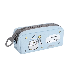 Detail view of the large zipper and cute cartoon penguin print on the blue canvas pencil case