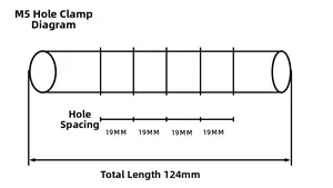 Technische Skizze mit 124mm Gesamtlänge und 19mm Lochabstand für M5-Ringmechaniken