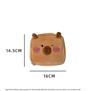 Detailed view of the cute capybara plush cosmetic bag with 16x14.5x7.5cm size markings