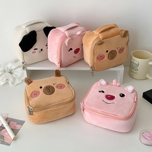 Cute cartoon bear plush cosmetic organizer bags in white, pink, and brown colors