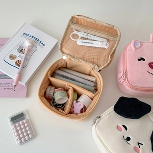 Plush cartoon animal cosmetic and stationery bags with adjustable inner dividers