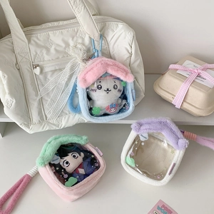 Cute house-shaped plush doll display bag with transparent PVC window and snap hook