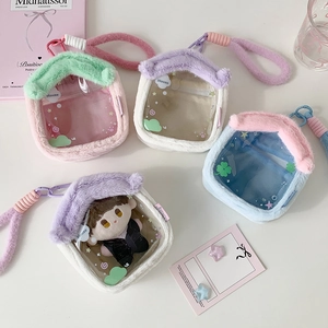 Cartoon house-shaped plush doll display bag with transparent PVC window in macaron colors