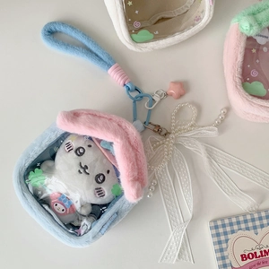 Cute house-shaped plush doll display bag with clear window and pink star charm