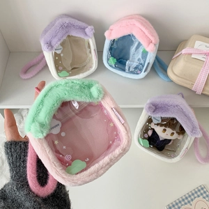 Plush house-shaped doll display bag with clear window and soft macaron colors