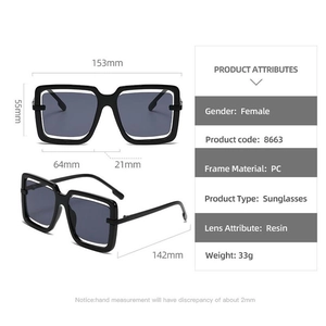 Detailed size specifications of oversized black sunglasses with PC frame dimensions