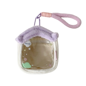Cartoon house plush storage bag with clear window and purple lanyard for doll display