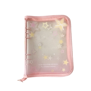 Pink glitter PVC A5 photo album cover with star prints and metal six-ring binder closure