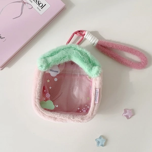 Detailed view of pink plush doll display house bag with transparent PVC window and hook