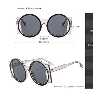Detailed size chart showing lens width, bridge, and frame dimensions for these sunglasses