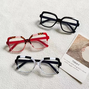 Chic oversized square blue light glasses in black, leopard, and stripe color block designs