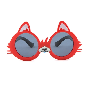 Cute red fox cartoon sunglasses for kids with round grey lenses on a white background