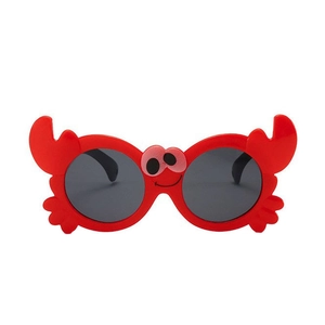 Kids trendy red crab shaped sunglasses with cute cartoon eyes and dark grey lenses