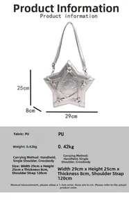 Detailed size parameters of the silver star-shaped PU leather crossbody bag