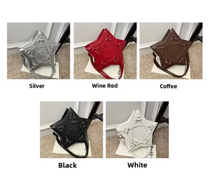 Collection of star-shaped crossbody bags in silver, burgundy, coffee, black, and white