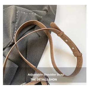 Close-up of adjustable faux leather shoulder strap with a polished metal buckle