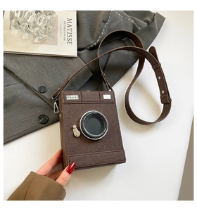 Detailed macro shot of vintage camera crossbody bag with cross-grain leather texture