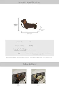 Detailed size specifications and material chart for dachshund shaped creative shoulder bag
