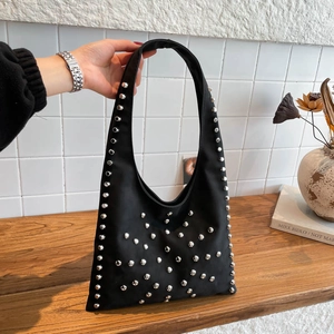 Women Fashion PU Leather Hobo Shoulder Bag Rivet Underarm Bag Casual Daily Solid Color Handbag Vintage Purse