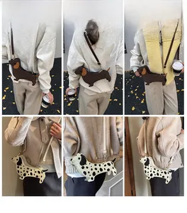 Lifestyle view of dachshund-shaped crossbody bags in brown and spotted styles