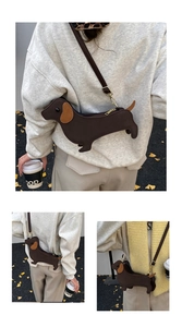 Dachshund shaped crossbody bag in brown PU leather shown from multiple angles on a model