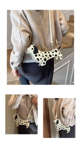 Detailed view of creative dalmatian dog shaped crossbody bag with black polka dots