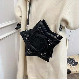 Chic black star-shaped crossbody bag with embossed pentagram and silver metal studs