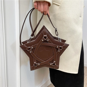Dark brown star-shaped faux leather tote bag with silver rivets and adjustable strap