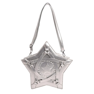 Silver star-shaped shoulder bag with metallic leather, decorative rivets and adjustable strap