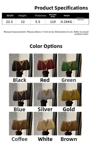 Detailed size chart and multi-color options for evening clutch bag with V-shaped metal hardware