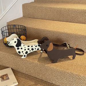 Creative dachshund-shaped crossbody bag in white polka dot and dark brown faux leather