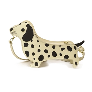 Creative dachshund-shaped crossbody bag in cream white PU leather with black dots