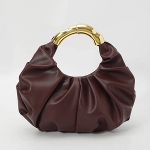 Ruched Handbag PU Leather Pleated Underarm Bag With Golden Metal Handle Elegant Retro Cloud Style For Women