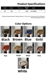 Detailed size specifications for crystal clutch bag shown in nine elegant color variants